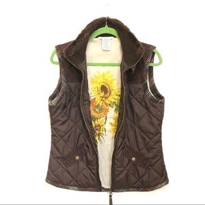 CAbi brown quilted sunflower puffer vest, size M